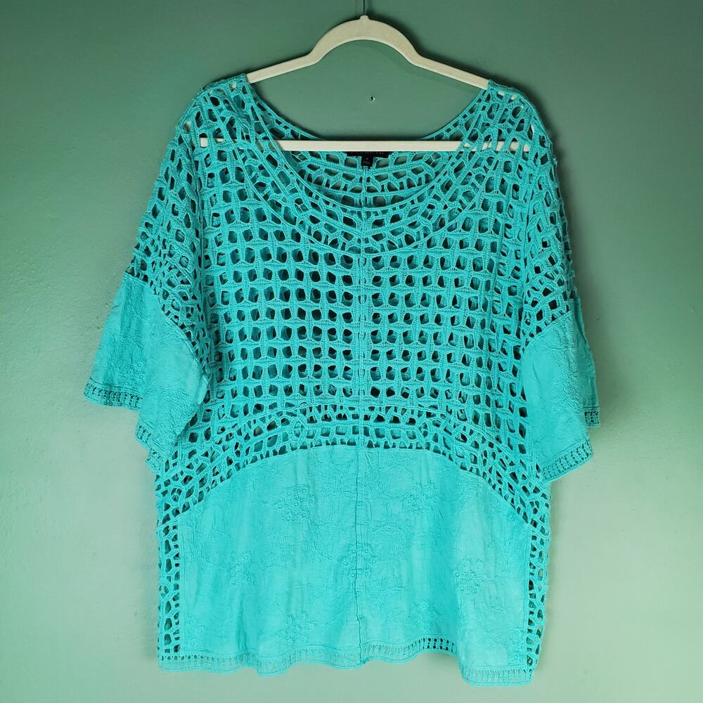Lane Bryant Womens Teal Floral Embroidered Open Crochet Top Size 16